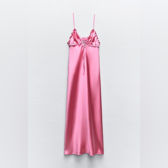 Zara long dress maxi hot pink satin lingerie evening party wedding holiday - Picture 10 of 16